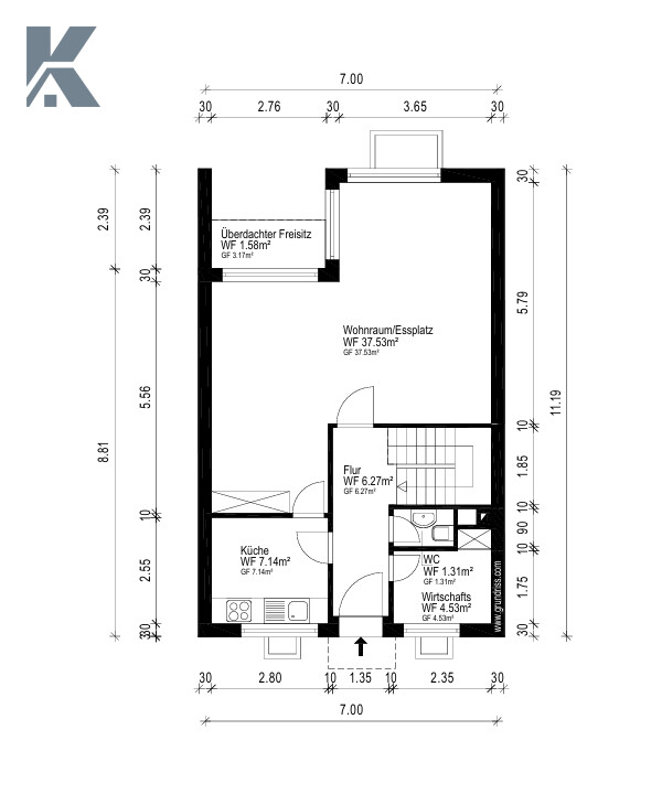 Grundriss EG Reihenmittelhaus K�ln / Dellbr�ck