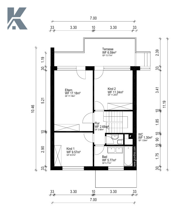 Grunriss OG Reihenmittelhaus K�ln / Dellbr�ck