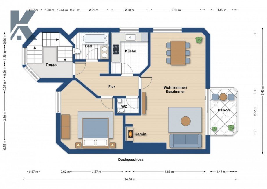 Grundriss_Dachgeschoss_moebliert Dachgeschosswohnung K�ln / Junkersdorf