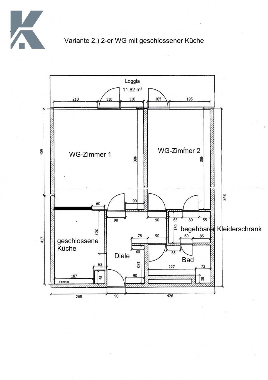 Grundriss 2-er WG Etagenwohnung K�ln / Junkersdorf